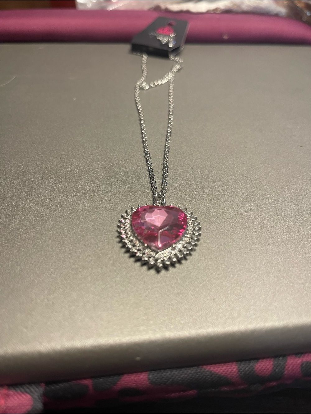 paparazzi Pink Heart Crystal Silver-Tone Pendant Necklace